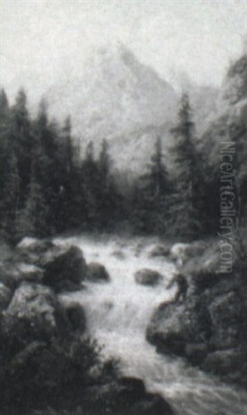 Torrent In The Alps Oil Painting by Julius Rose