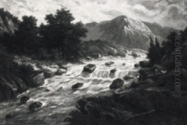 Hirte Mit Ziegen An Reisendem Gebirgsflus Oil Painting by Julius Rose