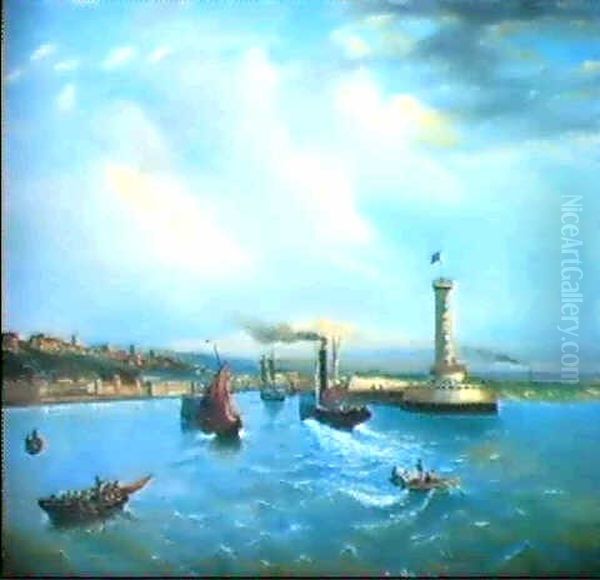 Hafenansicht Von Boulogne-sur-mer Bei Calais Mit Einer      Britischen Fahre Oil Painting by Julius Rose