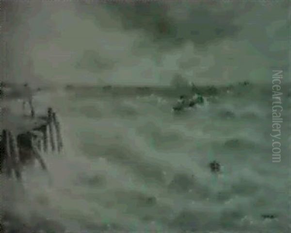 Fishing Boats Near Dock Oil Painting by Julius Rose