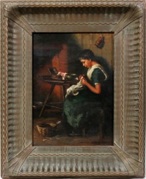 Girl Sewing Oil Painting by Harry Herman Roseland