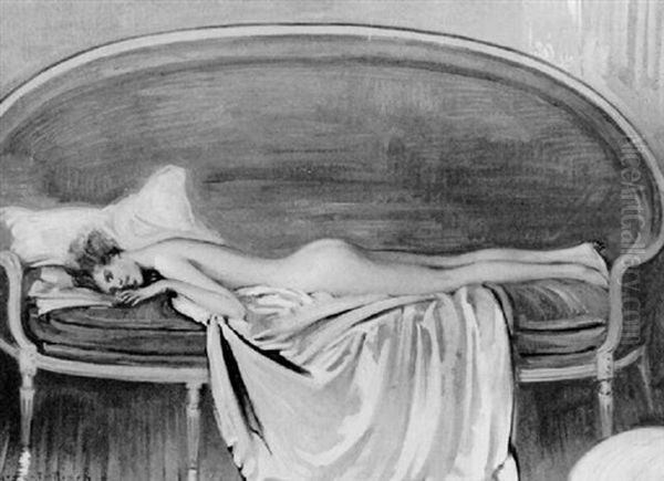 Young Woman Reclining On A Sofa Oil Painting by Ernest Rosen