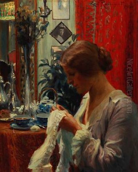Interior With A Woman With Her Needlework Oil Painting by Christian Emil Rosenstand