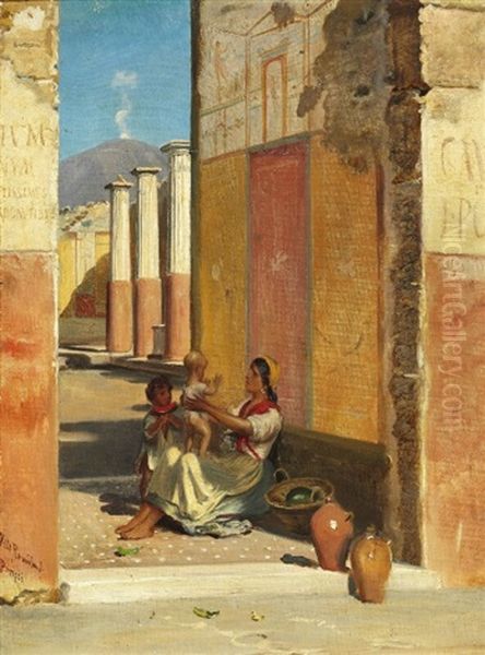 View From Pompeii With A Mother And Two Young Children Oil Painting by Vilhelm J. Rosenstand
