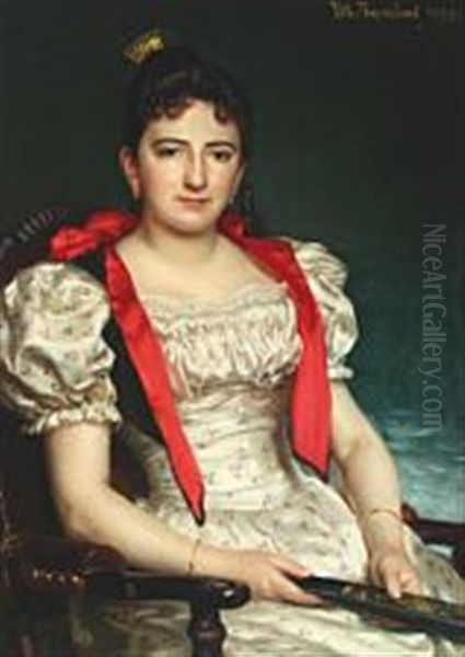 Portrait Of A Lady With A Golden Crown, Floral Gown And A Range In Hand Oil Painting by Vilhelm J. Rosenstand