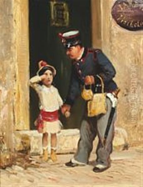 A Crying Girl Being Helped By A Roman Police Officer Oil Painting by Vilhelm J. Rosenstand