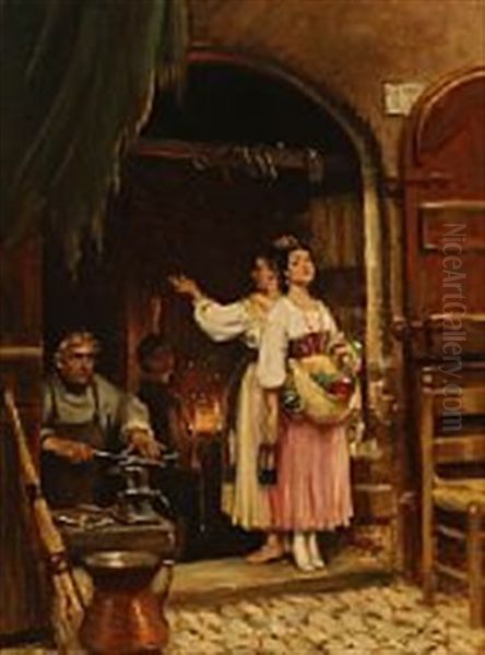 To Italienerinder, Der Maaler Hojde Hos Landsbyens Smed Oil Painting by Vilhelm J. Rosenstand