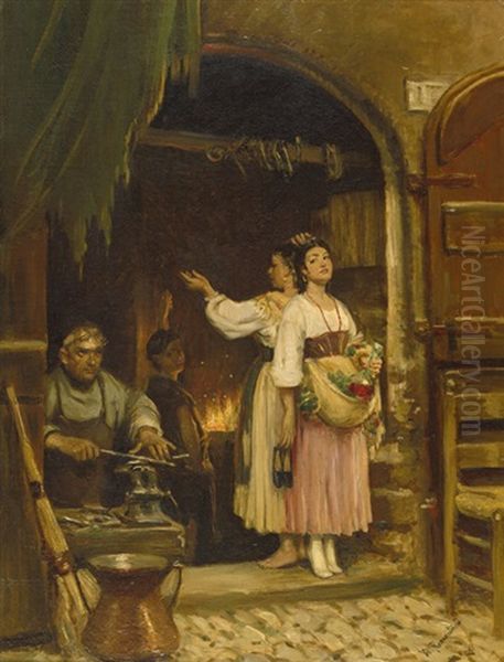 Zwei Italienerinnen Bei Der Schmiede Oil Painting by Vilhelm J. Rosenstand