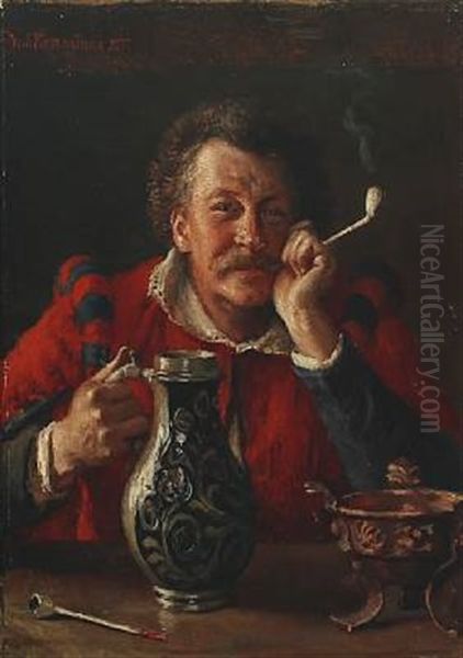 Pipe Smoking Farmhand With A Beer Mug Oil Painting by Vilhelm J. Rosenstand