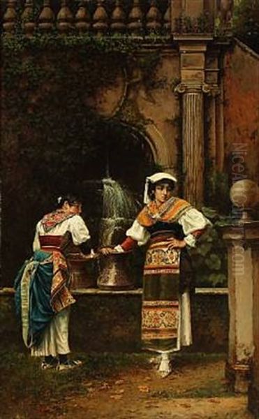 Two Italian Women Fetching Water From A Fountain Oil Painting by Vilhelm J. Rosenstand
