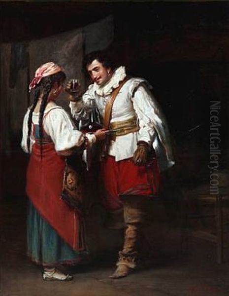 An Elegant Roman Gentleman Is Offered A Glass Of Red Wine By A Young Woman With Long Black Braids Oil Painting by Vilhelm J. Rosenstand