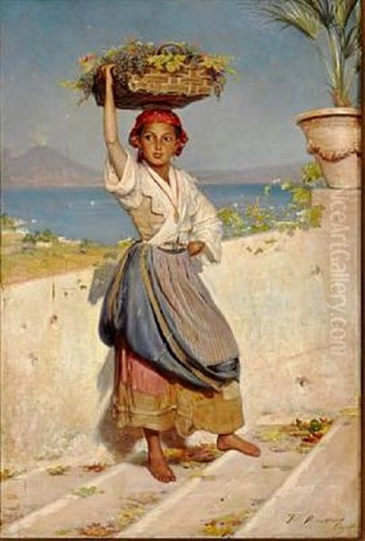 Young Woman From Capri Carrying A Basket Filled With Grapes On Her Head. In The Background Mount Vesuvius Oil Painting by Vilhelm J. Rosenstand