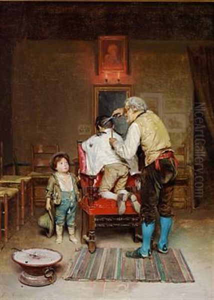 A Little Boy Is Getting A Haircut Oil Painting by Vilhelm J. Rosenstand