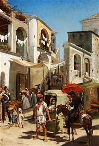 Italiensk Gadescene Fra Ischia Oil Painting by Vilhelm J. Rosenstand