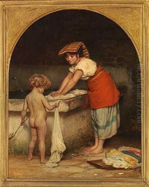 Ung Italienerinde Med Sit Barn I Faerd Med At Vaske Toj Oil Painting by Vilhelm J. Rosenstand