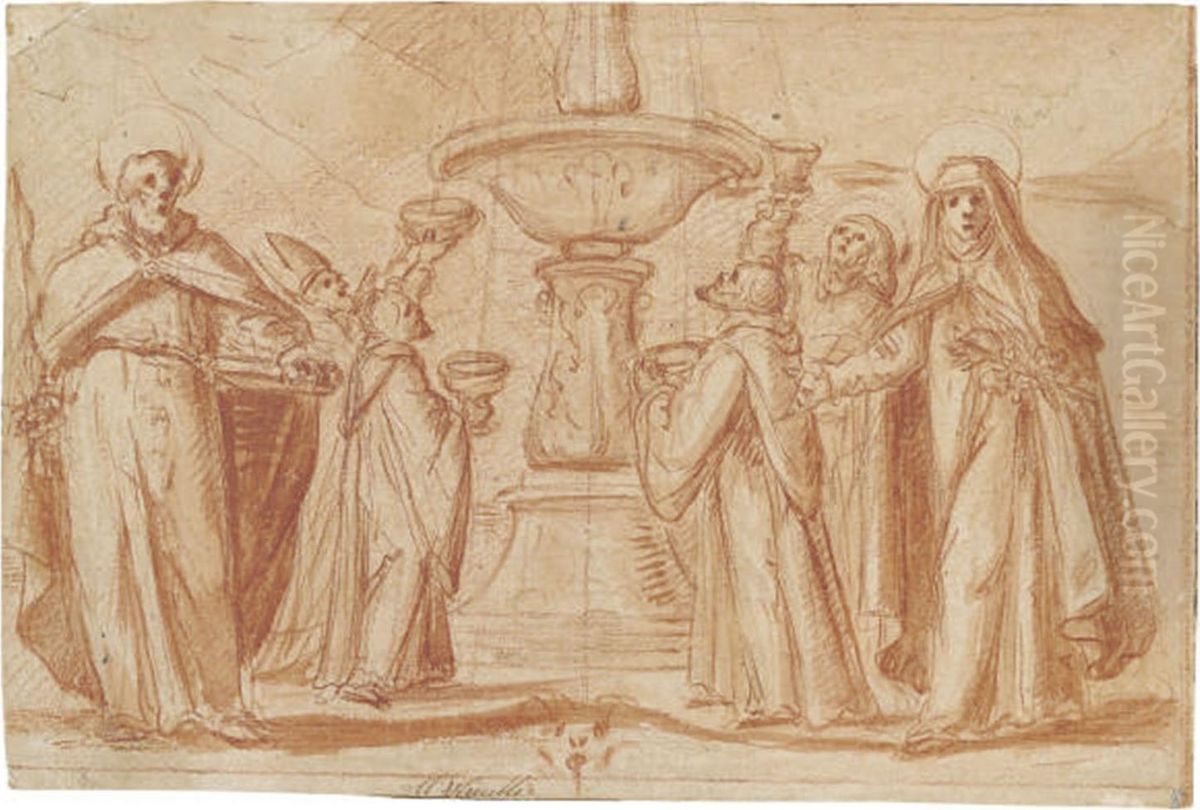 A Group Of Bishops And Monks Taking Water From A Fountain, With Saint Paul And Saint Catherine Standing In The Foreground Oil Painting by Fabrizio Boschi