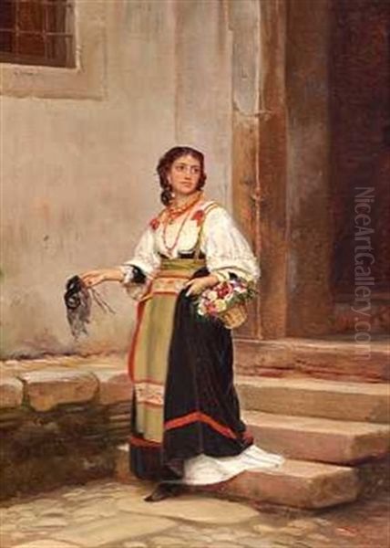 En Ung Romerinde Pa Vej Til Karneval Med En Maske I Handen Oil Painting by Vilhelm J. Rosenstand