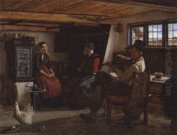 Bondesdtueinterior Med Mand, Der Spiller Pa Violin For En Pige Og Hendes Bedstemor Oil Painting by Vilhelm J. Rosenstand