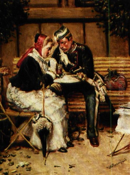 Et Ungt Par Foran Cafe A Porta Oil Painting by Vilhelm J. Rosenstand