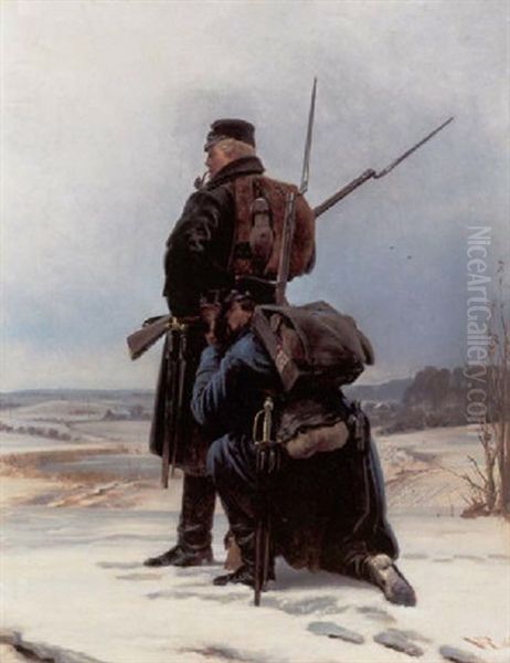 Scene Fra Trearskrigen, En Soldat Drikker Af Kammeratens Feltflaske, Vinter Oil Painting by Vilhelm J. Rosenstand