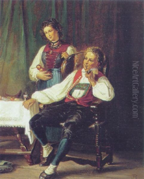 Interior Med To Unge Tyrolere Ved Et Bord Oil Painting by Vilhelm J. Rosenstand