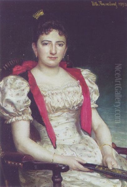 Portraet Af Dame I Blomstret Selskabskjole Og Vifte I Handen Oil Painting by Vilhelm J. Rosenstand