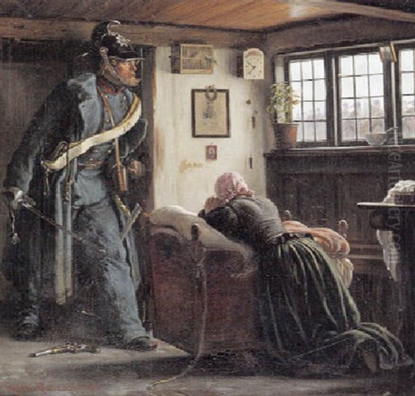 Krigscene Med Soldat Og Ung Pige Oil Painting by Vilhelm J. Rosenstand