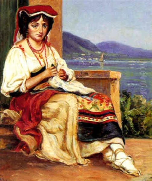 Ung Italienerinde Ved Sytojet Pa En Terrasse Oil Painting by Vilhelm J. Rosenstand