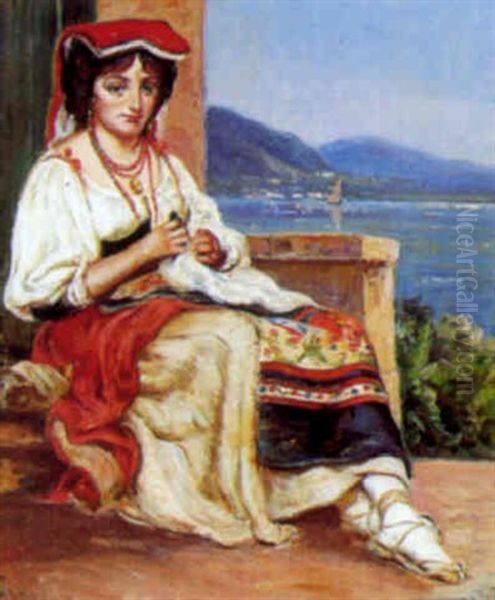 Ung Italienerinde Siddende Med Sit Handarbejde, I Baggrunden Bjergso Oil Painting by Vilhelm J. Rosenstand
