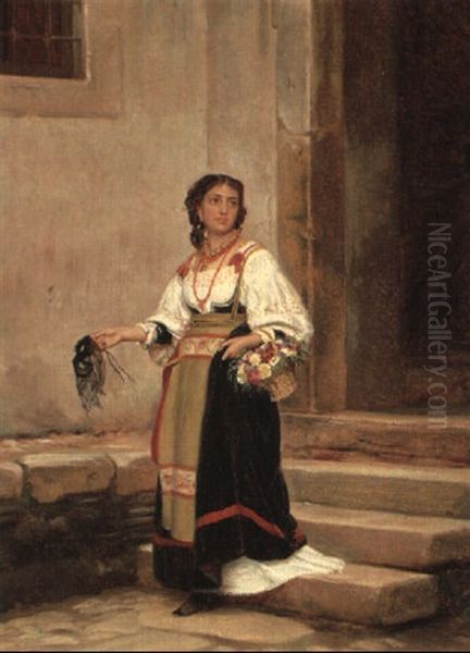 Ung Italiensk Kvinde Med Maske Og Blomsterkurv Ved En Trappe Oil Painting by Vilhelm J. Rosenstand