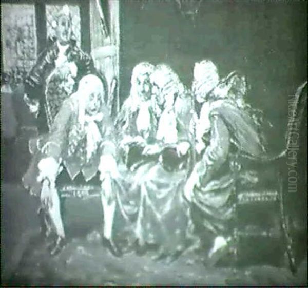 Holberg Scene, Fire Maend I Samtale Oil Painting by Vilhelm J. Rosenstand