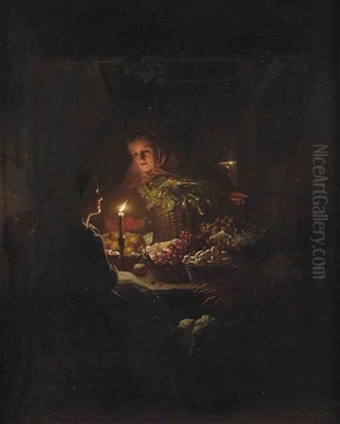 A Night Market With A Vegetable Seller At Her Candlelit Stall Oil Painting by Johannes Rosierse