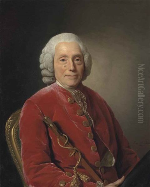 Portrait Of Adrien Jacques Puissant (1699-1782), Half-length, In A Red Velvet Coat With Gold Buttons And A Lace Cravat Oil Painting by Alexander Roslin