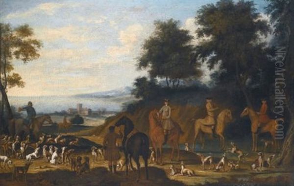 A Group Of Mounted Sportsmen With Hounds, A Huntsman, And A Distant Landscape Beyond Oil Painting by James Ross
