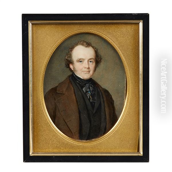 Portrait Of A Gentleman In Brown Overcoat With Black Coat And Waistcoat, A Turquoise Pin In His Cravat Oil Painting by Sir William Charles Ross
