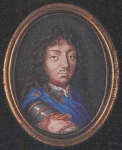Louis Xiv Of Bourbon, King Of France, With Long Dark Curling Hair, Wearing Armour Over Pink Doublet, Blue Cloak With Gold Brooch And White Cravat With Gold Pin Oil Painting by Susan Penelope Rosse