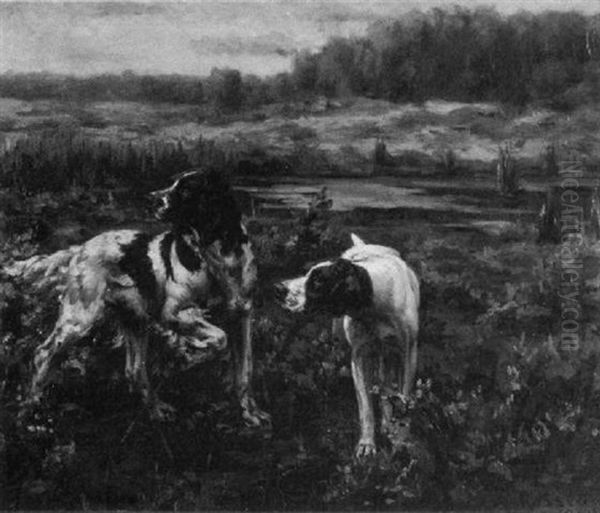 A Spaniel And Pointer In A Marshy Landscape Oil Painting by Percival Leonard Rosseau