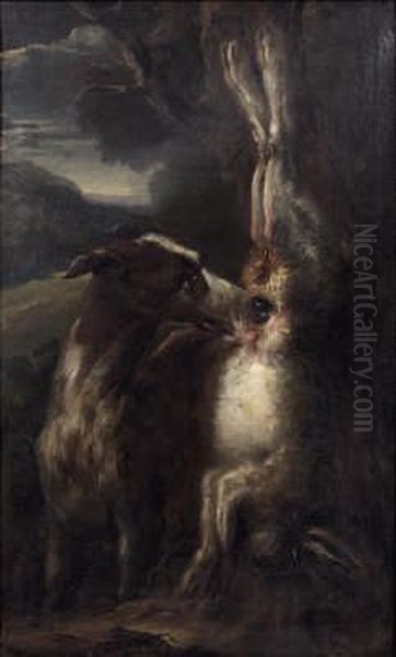 Chien Flairant Un Lievre Mort Oil Painting by Felice Boselli