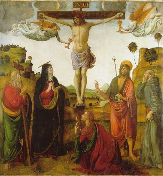 The Crucifixion With The Madonna, Saints John The Baptist, Mary Magdalen, Andrew And Francis Oil Painting by Cosimo Rosselli