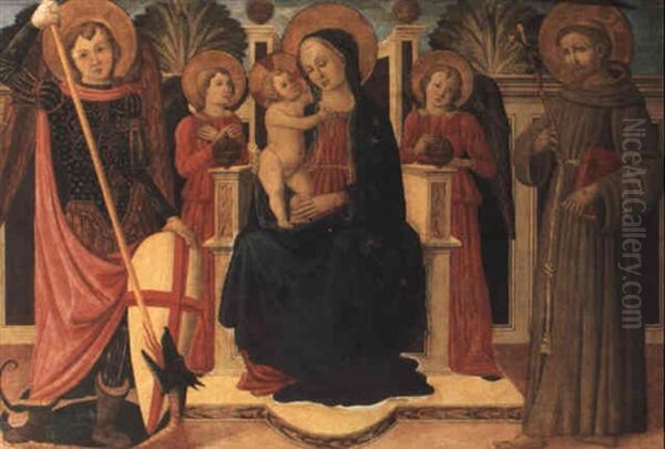The Madonna And Child Enthroned Between Saints George And Francis Oil Painting by Cosimo Rosselli