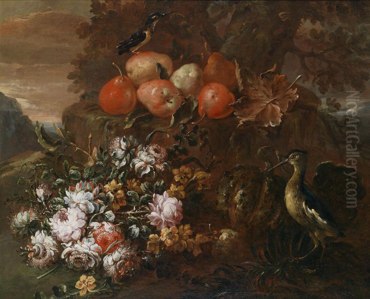 Still Life With Flowers And Fruits With Asnipe And A Kingfisher Oil Painting by Felice Boselli