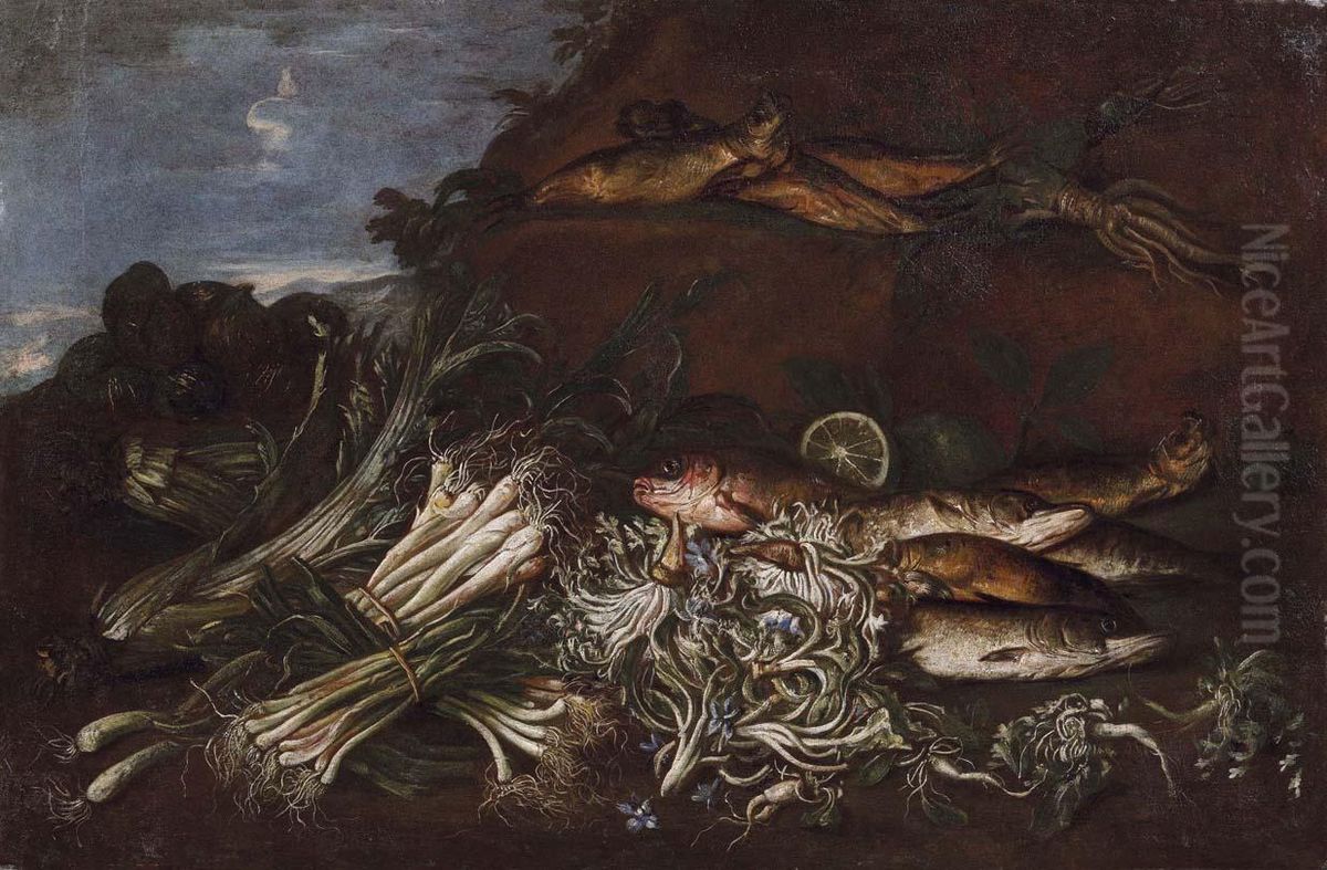 Natura Morta Di Ortaggi Epesci Oil Painting by Felice Boselli