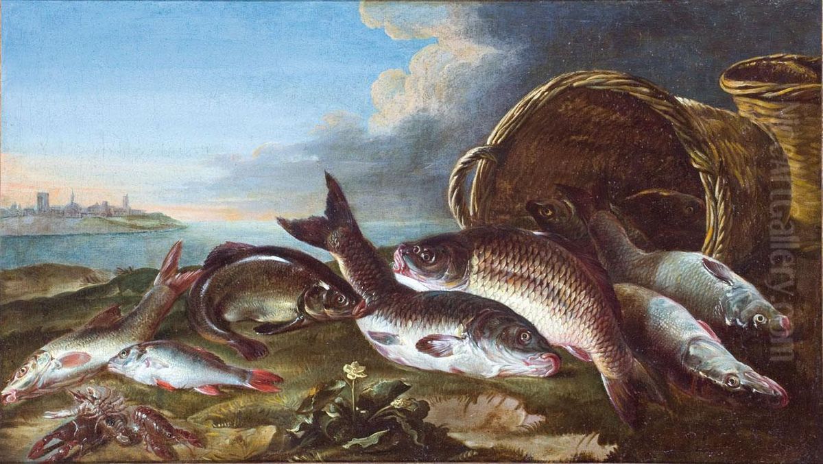 Pesci E Una Cesta Presso Una Costa Mediterranea Oil Painting by Felice Boselli