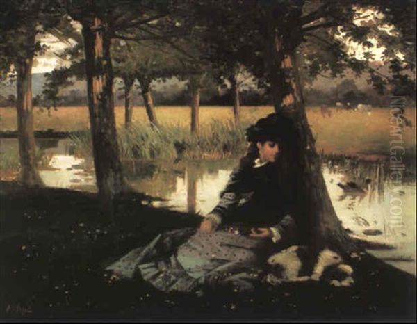 A Young Woman Resting By A Stream With A King Charles       Spaniel Oil Painting by Alexander M. Rossi