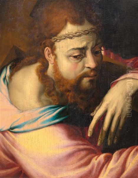 Christ With The Cross Oil Painting by Rancesco De' Rossi (see Salviati, Cecchino Del)