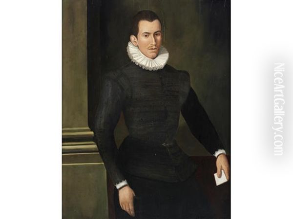 Portrait Of A Gentleman, Three-quarter-length, In A Black Embroidered Tunic Oil Painting by Rancesco De' Rossi (see Salviati, Cecchino Del)