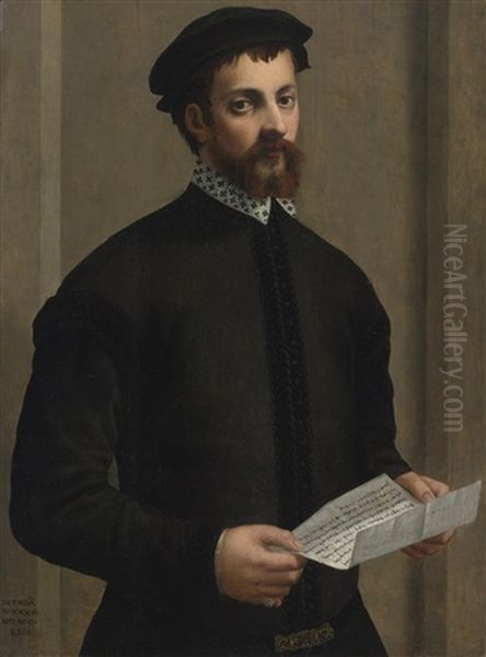 Portrait Of A Gentleman Holding A Letter Oil Painting by Rancesco De' Rossi (see Salviati, Cecchino Del)