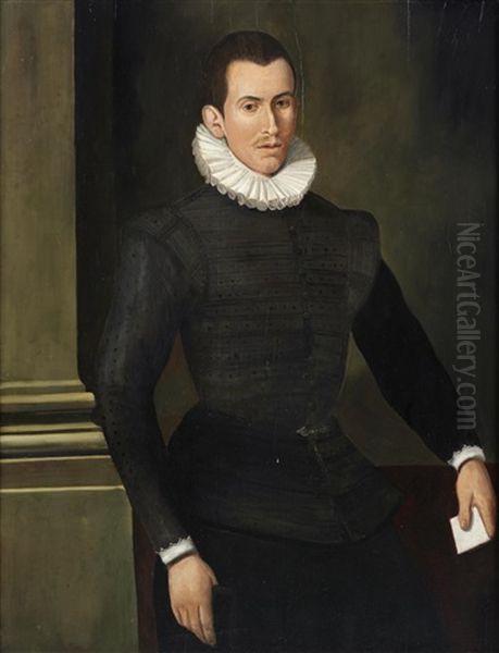 Portrait Of A Gentleman, Three-quarter-length, In A Black Embroidered Tunic Oil Painting by Rancesco De' Rossi (see Salviati, Cecchino Del)