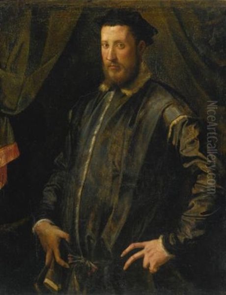Portrait Of A Man, Half Length, Standing Before A Curtain Oil Painting by Rancesco De' Rossi (see Salviati, Cecchino Del)