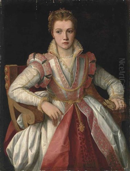 Portrait Of A Lady, Half-length, In A Richly Embroidered, High-necked White Dress With Pink Trim, A Jewelled Headdress And Pearl Necklace Oil Painting by Rancesco De' Rossi (see Salviati, Cecchino Del)